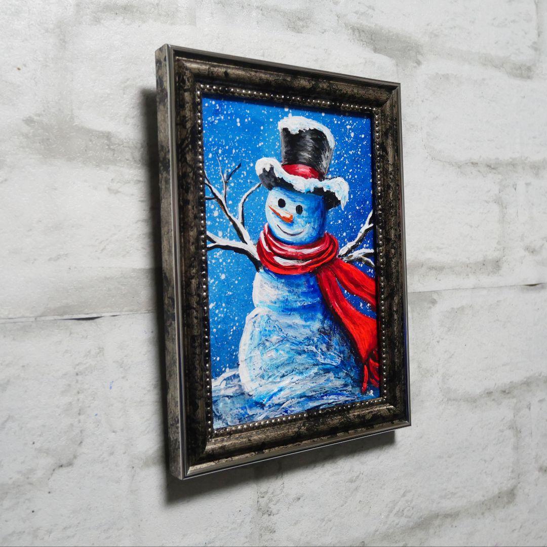 【赤いマフラーの雪だるま】絵画 油彩 油彩画 絵 油絵