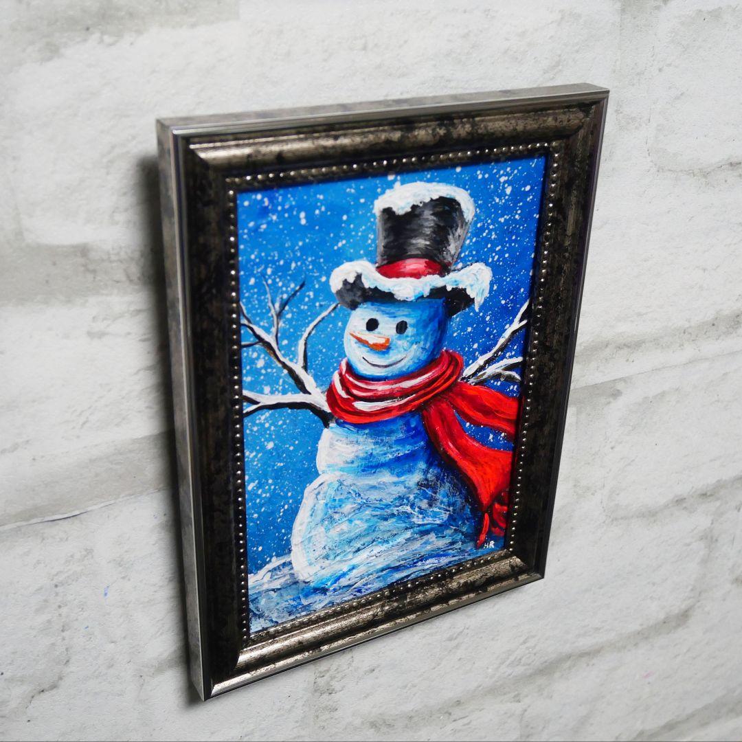 【赤いマフラーの雪だるま】絵画 油彩 油彩画 絵 油絵