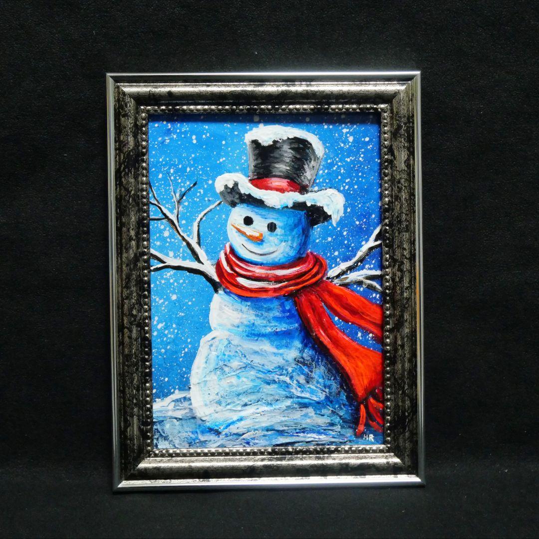 【赤いマフラーの雪だるま】絵画 油彩 油彩画 絵 油絵