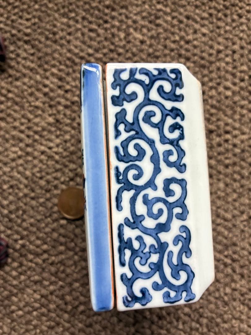 花鳥模様の陶器製小箱　食鉢　寿峰作　木箱付き　昭和