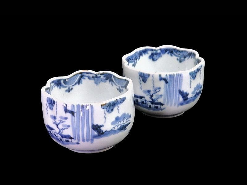 古伊万里　染付　山水の図　変形向付　２客　B072AS-fbvb