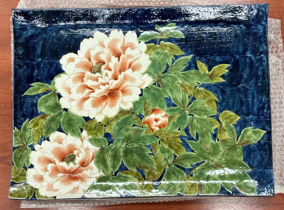 牡丹【一点物】京焼 清水焼 陶あん 色絵付け 飾り皿 約40cm×54cm 大皿