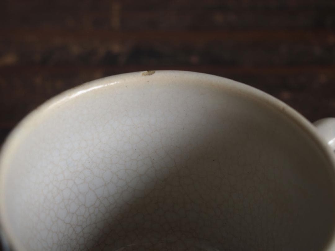 白に青いラインの素朴な小カップ マニセス 陶器 スペイン古陶/K213