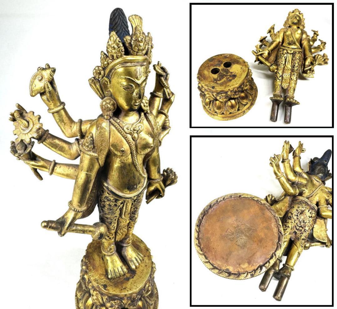 古銅鎏金八臂観音立像 伝世品仏像 仏教美術 ウブ品 入手困難骨董WWST035