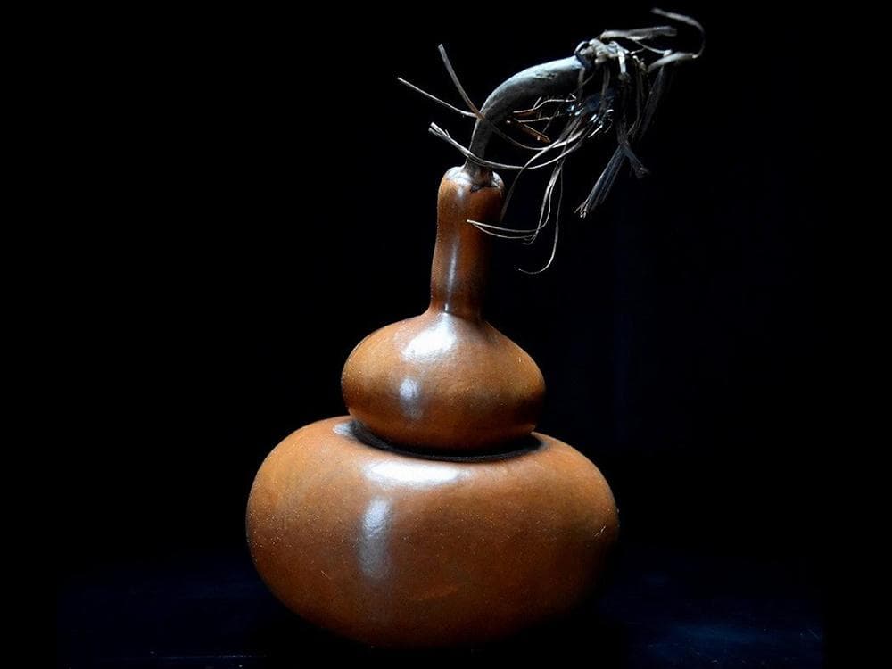 【匏】　★ 匏器 文玩葫芦 ★　清朝期　長頸 茎付 経年色艶　文房珍玩