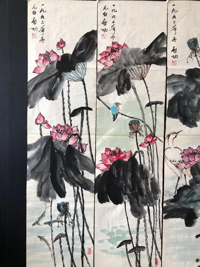 中国美術・純手描き四連花鳥蓮画芯・水墨画・啓功印款・肉筆・宣紙・茶道・国画・文房