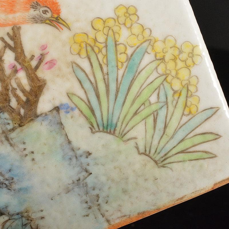 中国　粉砕　漢詩花鳥文　香炉　陶枕　C　6703E