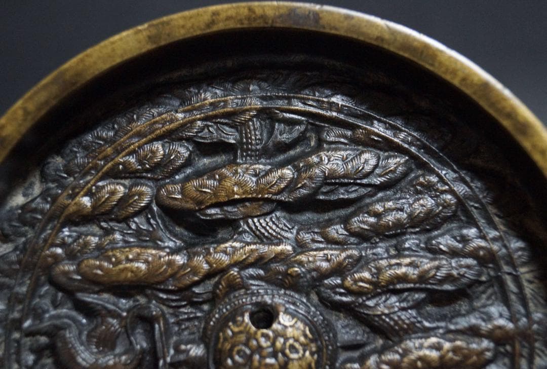 江戸時代 金工細工『鶴亀松文』天下一 古銅鏡 古鏡 和鏡☆時代物☆