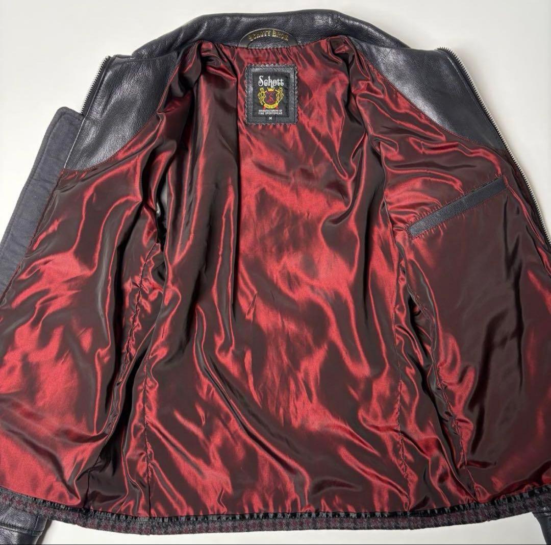 Schott レザー x ウール ライダースジャケット M 山羊革 チェック