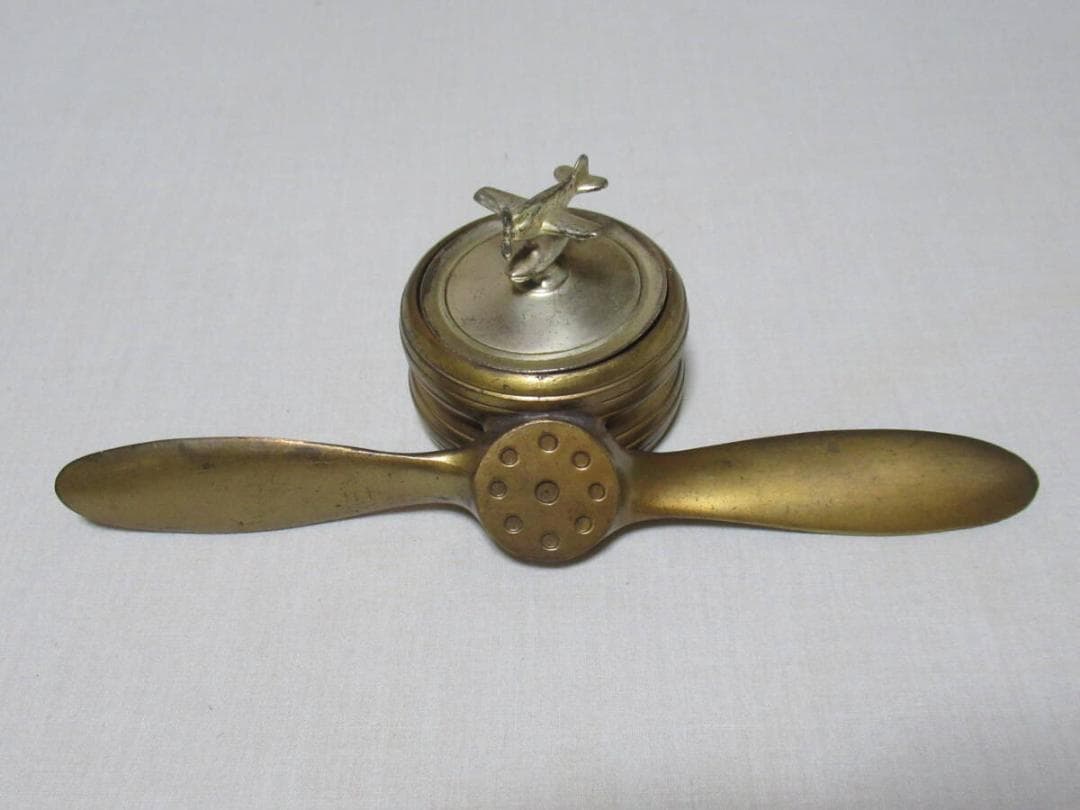 希少 昭和初期◆真鍮製 戦闘機プロペラ型 インク壺/インクスタンド フタは戦闘機