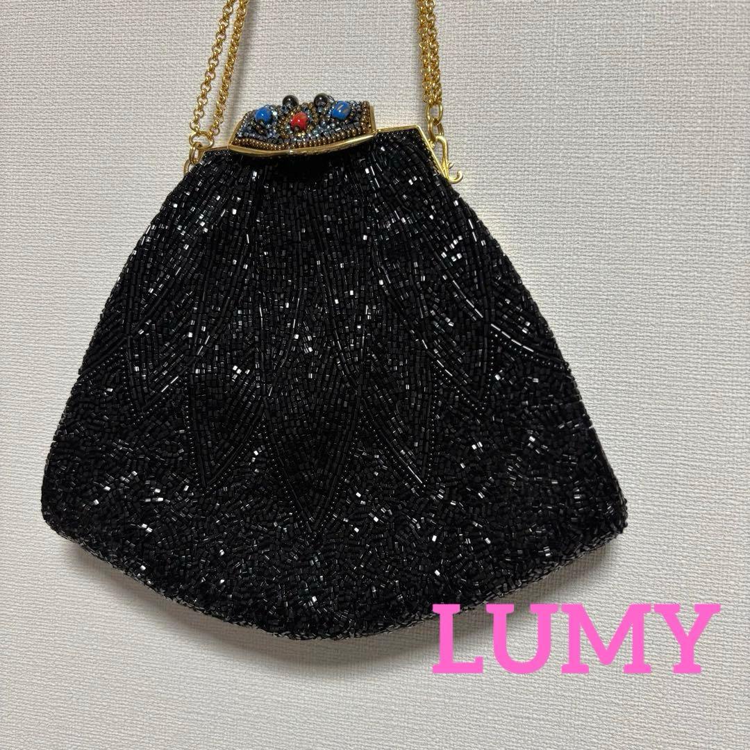 LUMY♡ビーズ装飾　黒　バッグ　留め具　チェーン　ブラック　パーティー