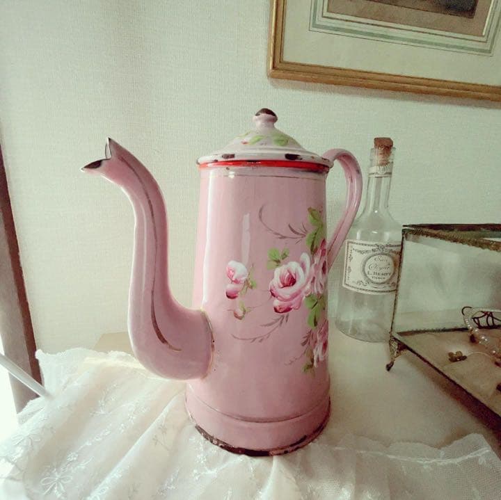 セールフランスアンティーク　ローズペイントの美しいピンクのホーロー ポット　希少