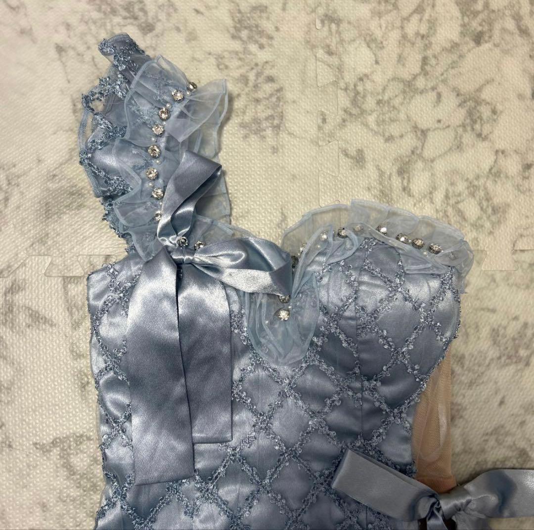 ROBE de FLEURS ブルー M リボンワンショルダータイトドレス