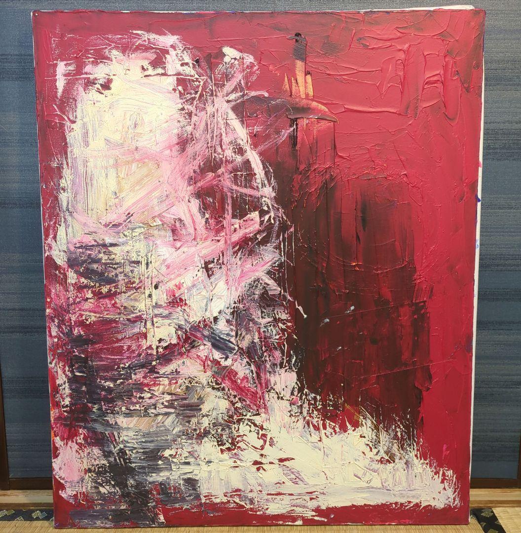 抽象アクリル画 赤と白の表現