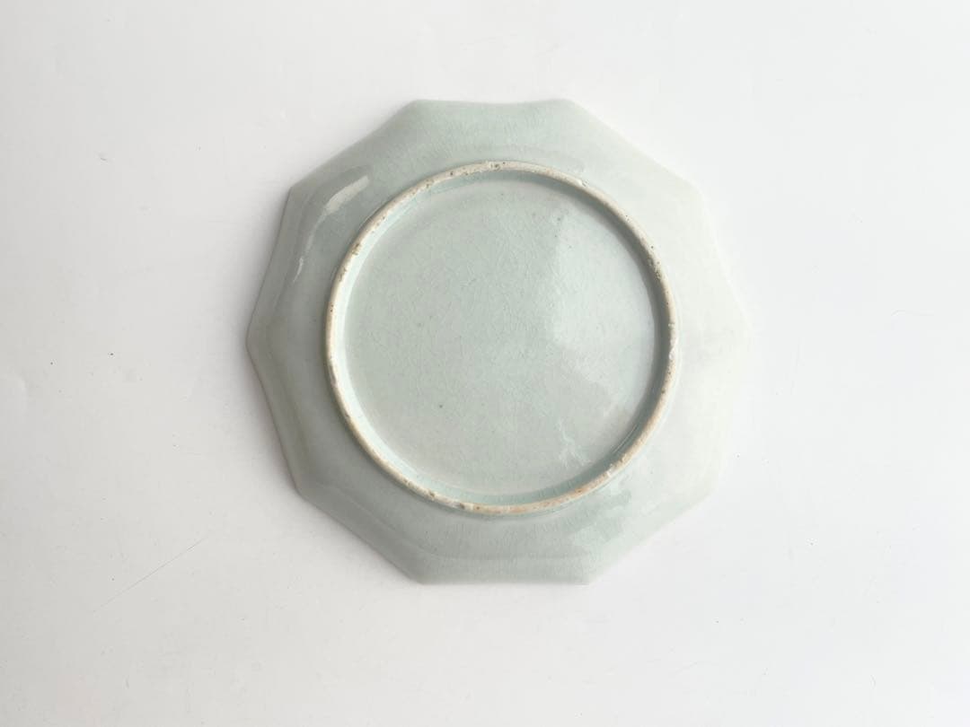 骨董　アンティーク　古伊万里　青磁染付　檜垣　花文様　十角皿　六寸皿