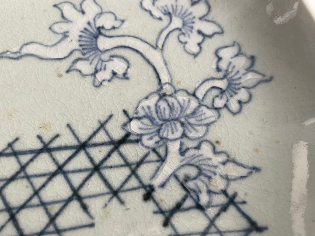 骨董　アンティーク　古伊万里　青磁染付　檜垣　花文様　十角皿　六寸皿