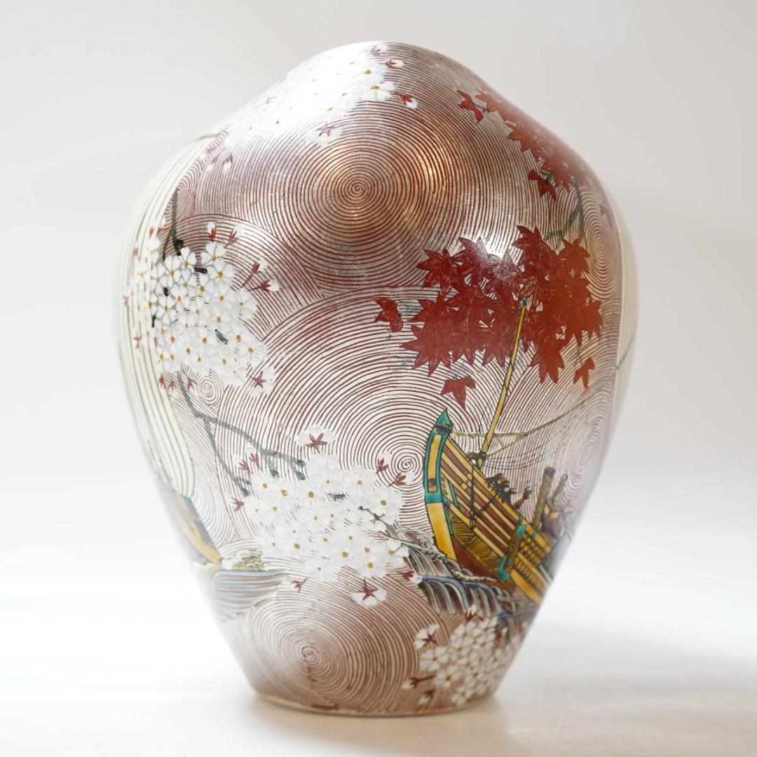 NA3411 九谷焼 プラチナ箔 北前船 飾壷 北村隆 秀逸作 共箱付 名工