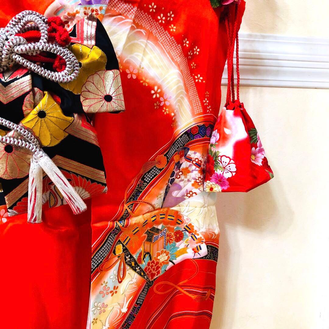 七五三7歳❣️人気赤地暈し金彩際立つ完全フルセッット⭐︎扇熨斗鶴菊金彩煌びやか際立つ