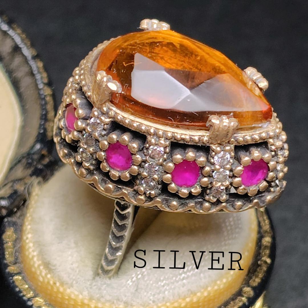 ヴィンテージリング　SILVER　トパーズ　ルビー　メレダイヤ