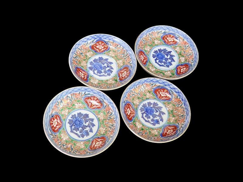 大聖寺伊万里　色絵　花鳥紋の図　４寸皿　４客　A541AS-CVu