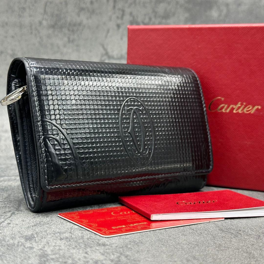 カルティエ ハッピーバースデー 二つ折り財布 エナメル レザー 黒 箱付き
