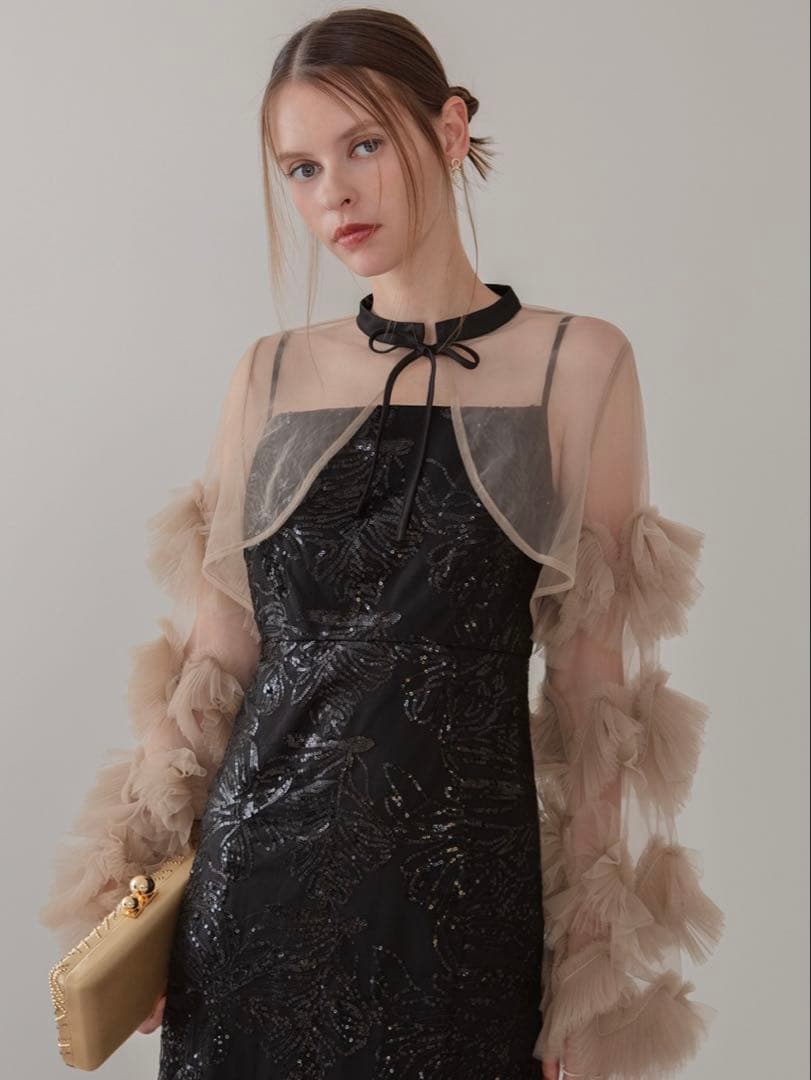 フリルチュールスリーブリボンIラインワンピースドレス結婚式パーティー成人式二次会