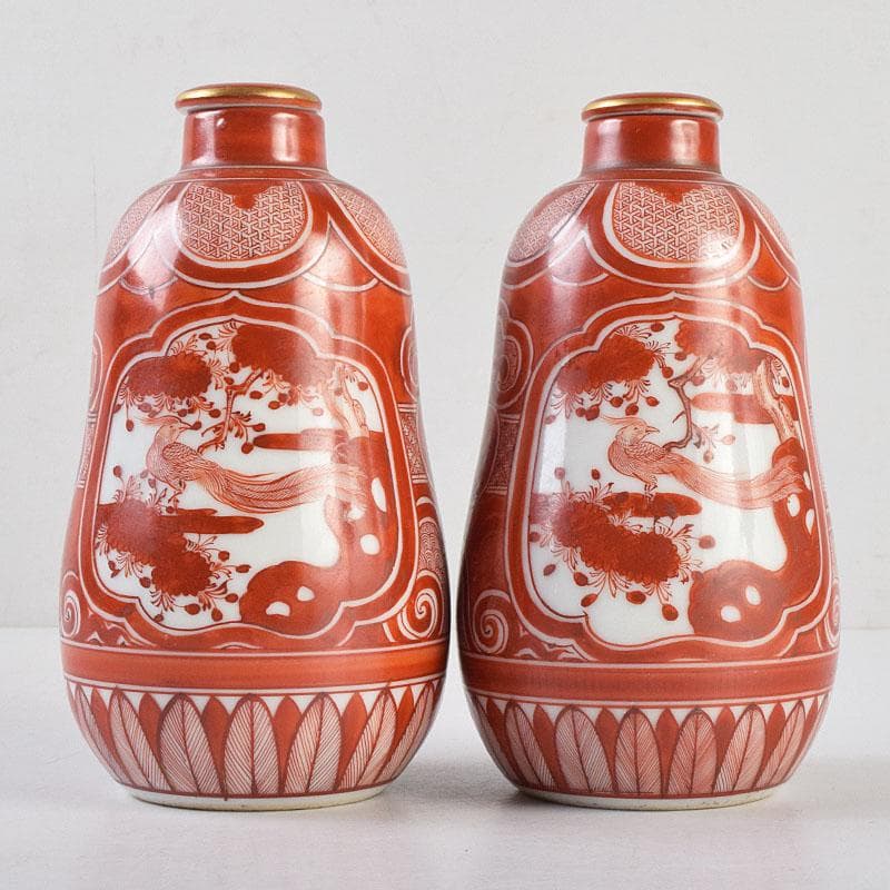 九谷焼　古九谷　赤絵　花鳥文　徳利　在銘　一對　時代箱付　V　R9270