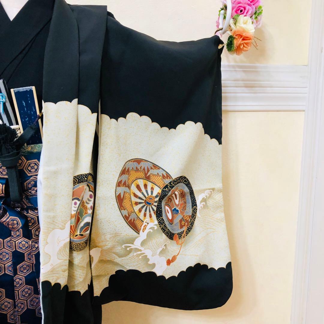 美品‼️七五三 五歳‼️兜 金箔散り‼️黒地にクリーム系 完全フルセット‼️家から揃え無