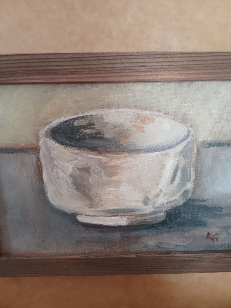 茶碗。油彩画。 白い陶器の絵。26x19