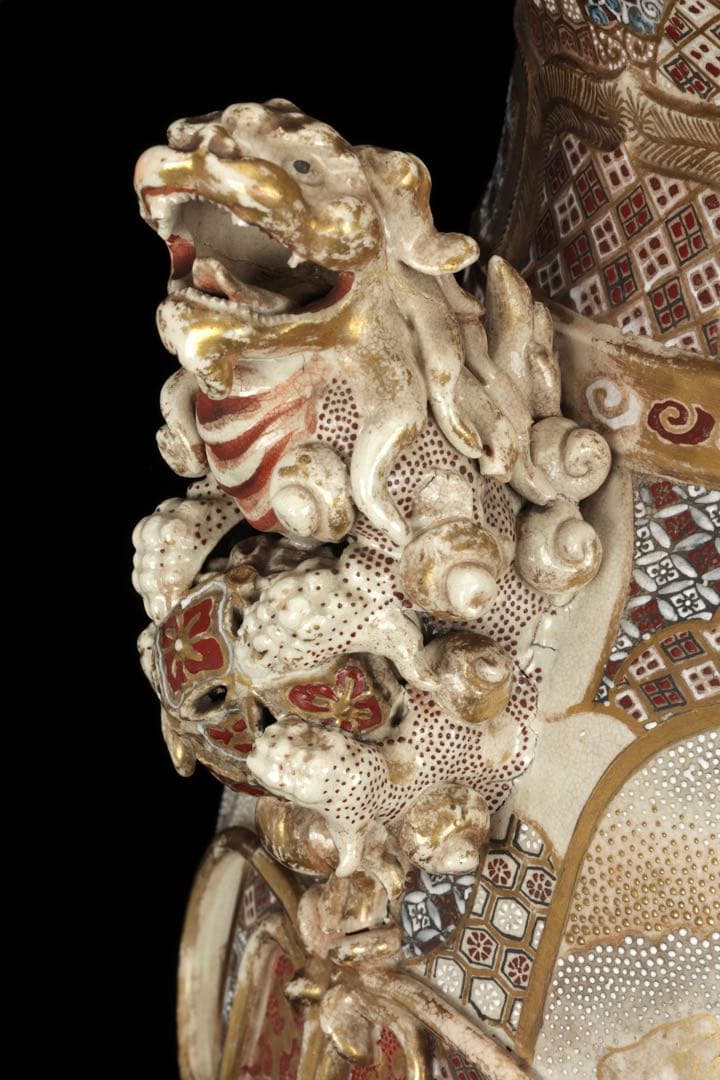 【極上薩摩焼】特大金襴手色絵賢人図獅子摘蓋獅 香炉 飾壺 時代骨董 古美術アート