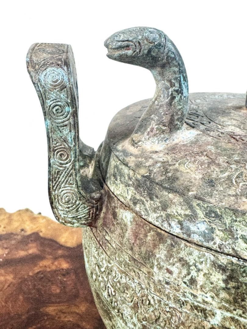 春秋戰國時代 青銅製 蛇蓋刻古文字圓鼎 箱付 古美術 時代品伝世品WWST082