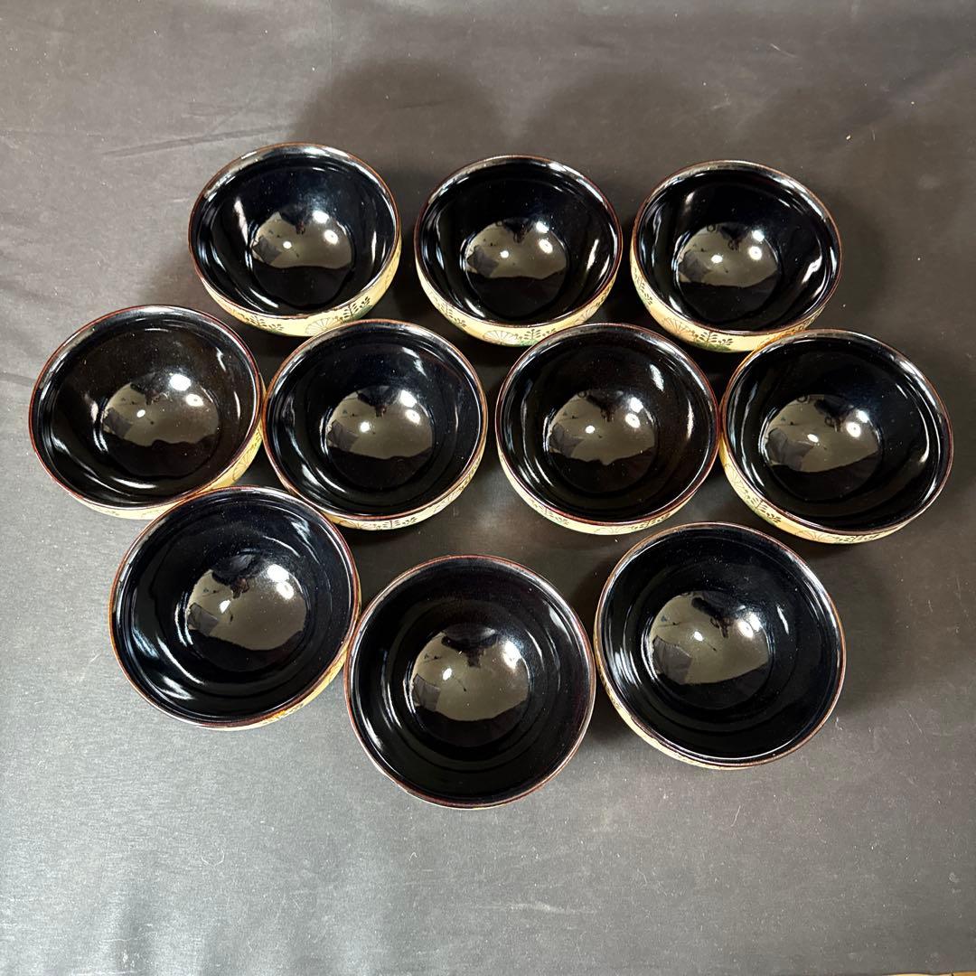 H89 送料無料　数茶碗10客　天目型菊桐文　抹茶碗　茶道具　茶室　昌山　木箱