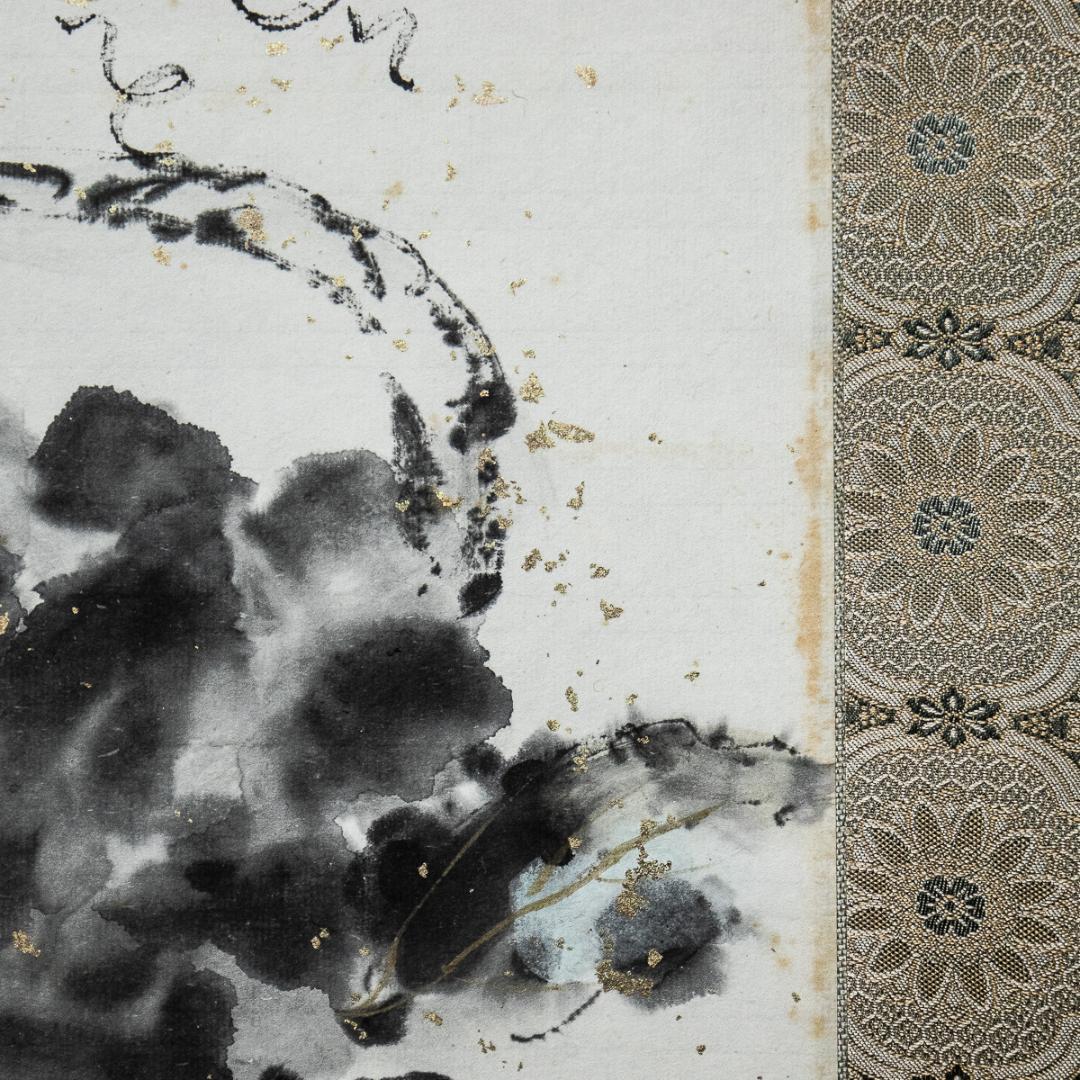 掛軸-967　川合誠司　黒牡丹　共箱　太巻　大幅　二重箱　客を待つ心も楽し籠の中