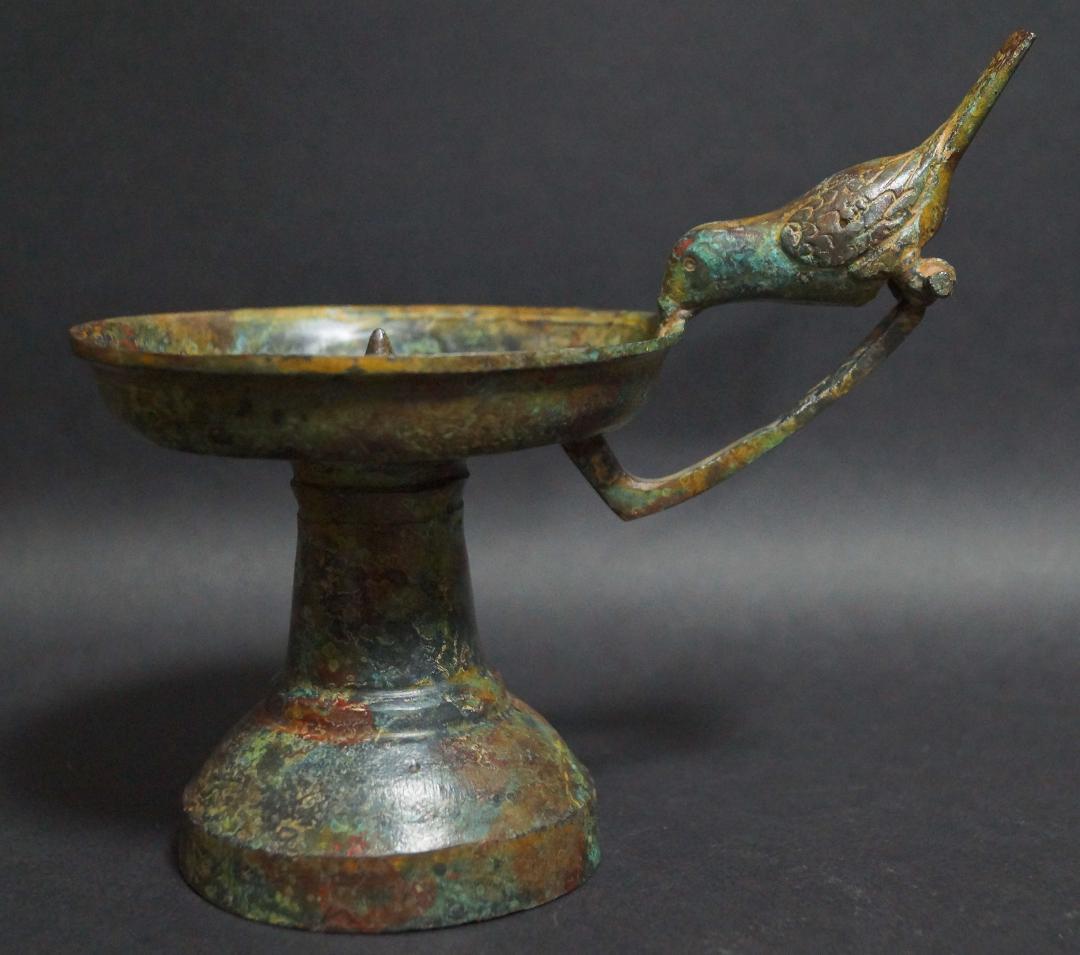 時代青銅製 金工細工 小鳥持ち手 燭台 銅蝋 置物 オブジェ 古美術 茶道具