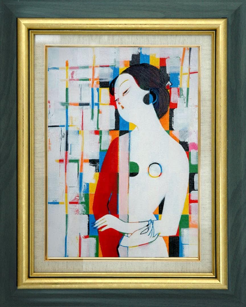 油絵 菅家令子 絵 絵画インテリア額付(青緑＋金色の枠)uF6-010911女性