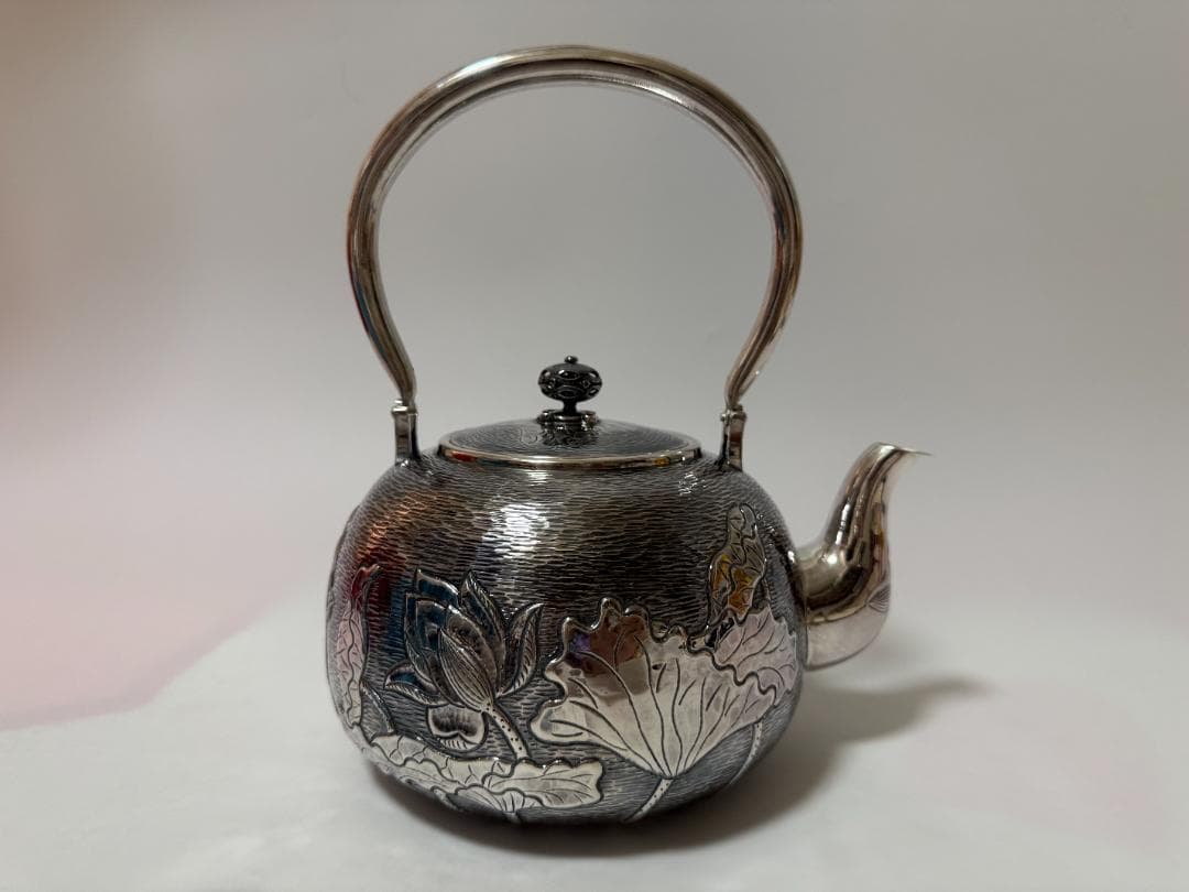 極上純銀製 蓮文様 高工芸 湯沸 銀瓶 煎茶道具 重量1389g