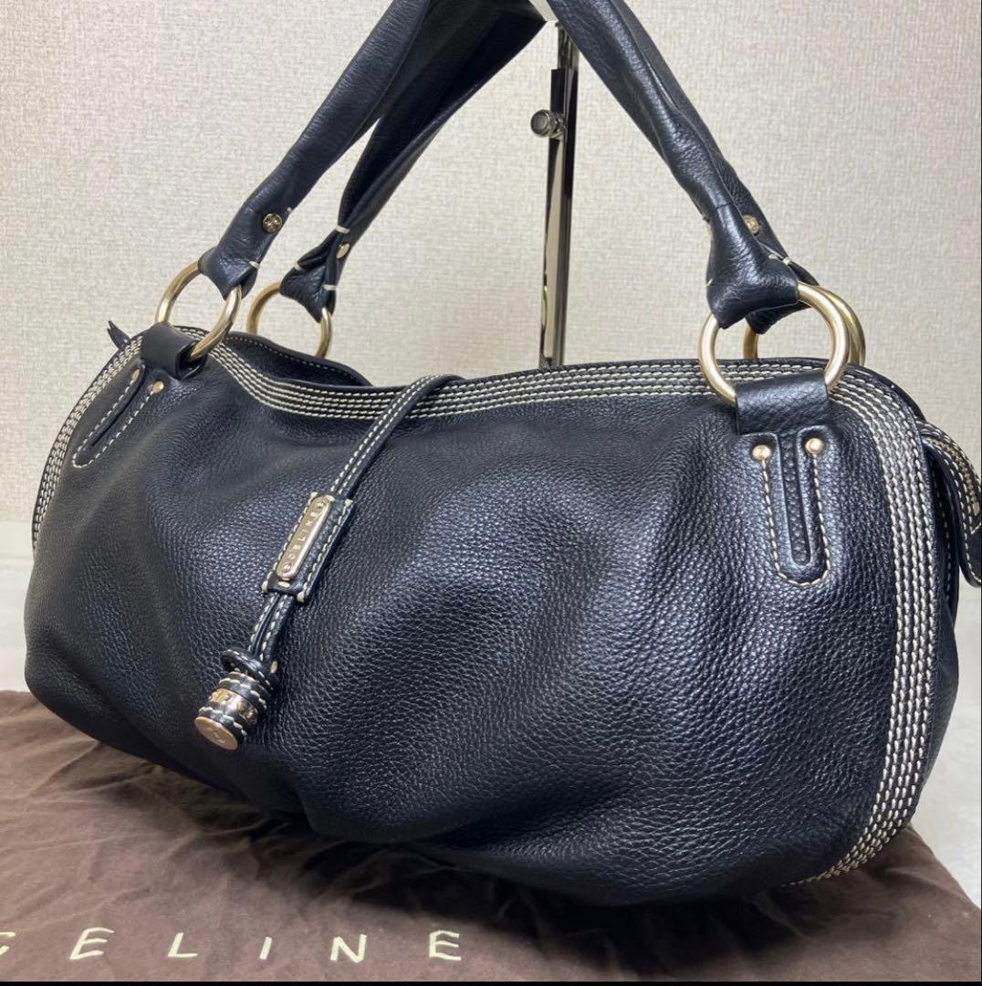 【極美品】セリーヌ ワンショルダー トリオンフ ビタースウィート シボ革 黒