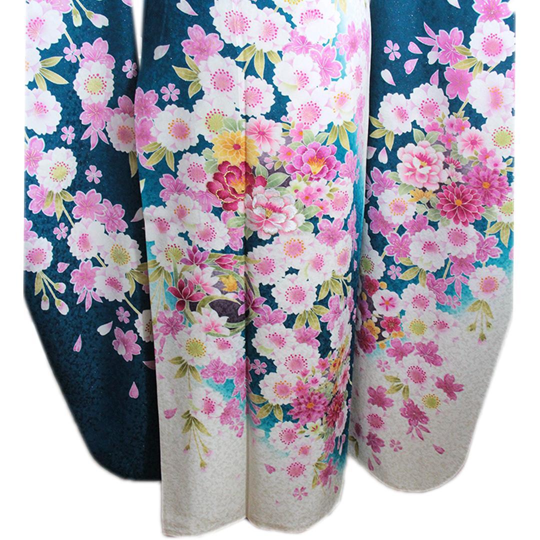 振袖単体/丈171cm/暗いターコイズブルー/トールサイズ生成り白系正絹TT19