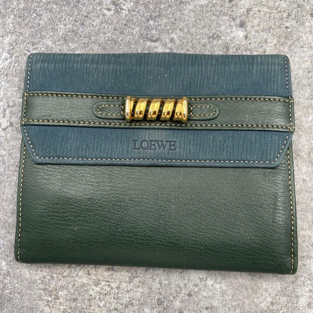 【極美品】LOEWE ロエベ 折り財布 レザー 緑 グリーン エンボスロゴ
