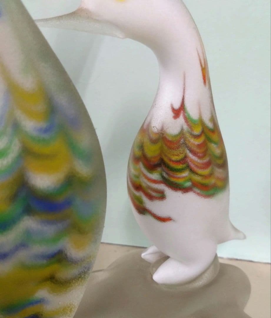 ベネチアングラスの置き物　2羽の鳥　フロストガラスコーティング　ハンドメイド