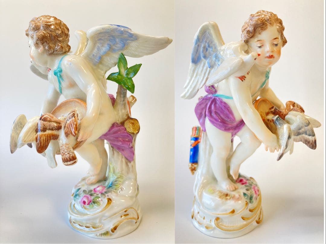 古マイセン 人形 フィギュリン 「鳩に給餌する天使」 1級品　1898年