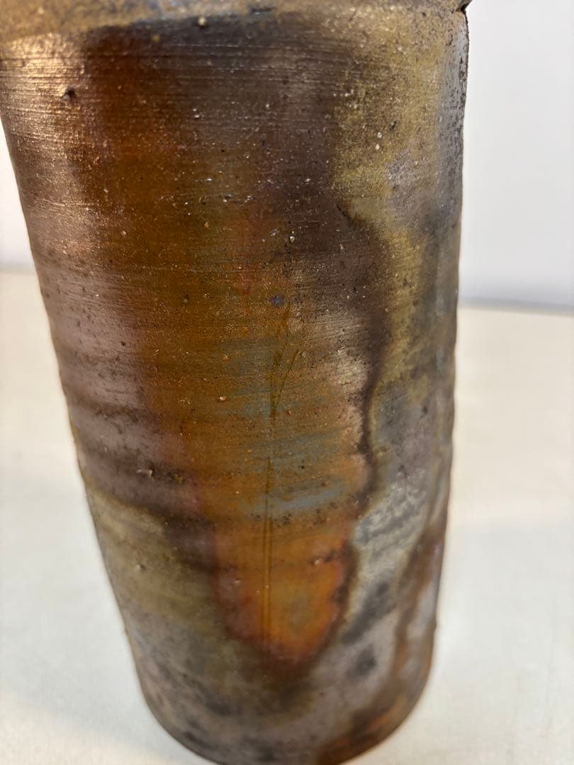 備前焼　陶印有り　耳付き花筒　 花瓶　花入