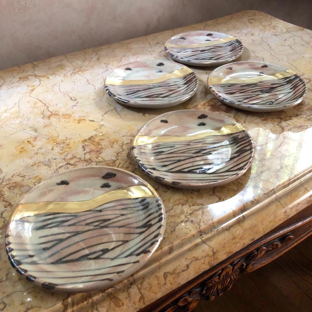 仙山窯 安藤日出武作 乾山風金彩銘々皿5客