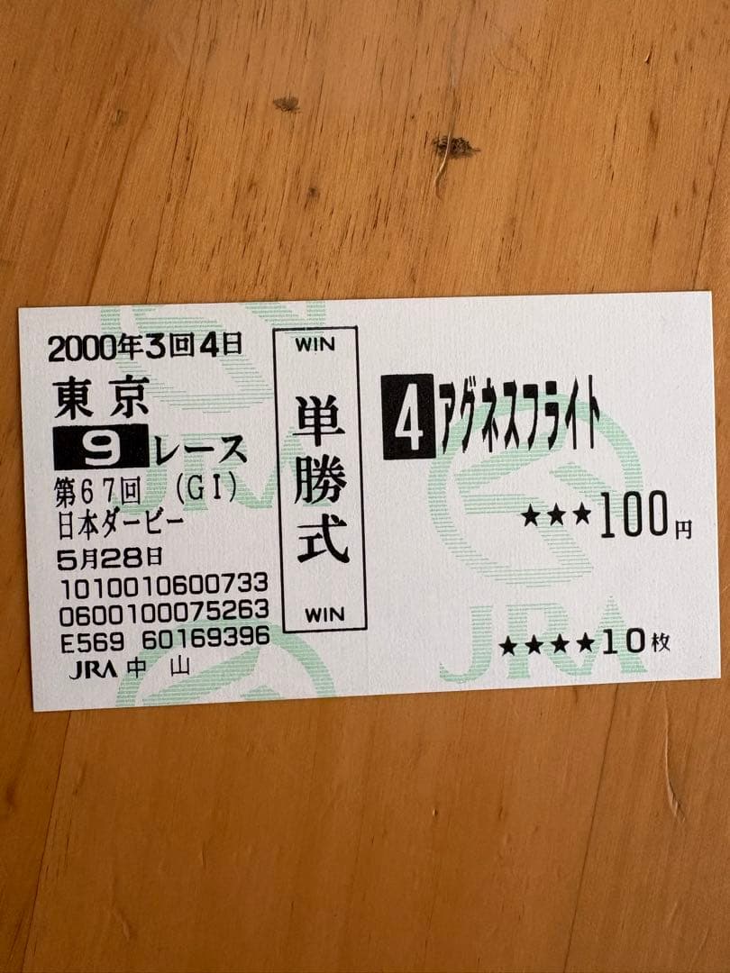 2000年　日本ダービー 単勝式券 アグネスフライト 100円