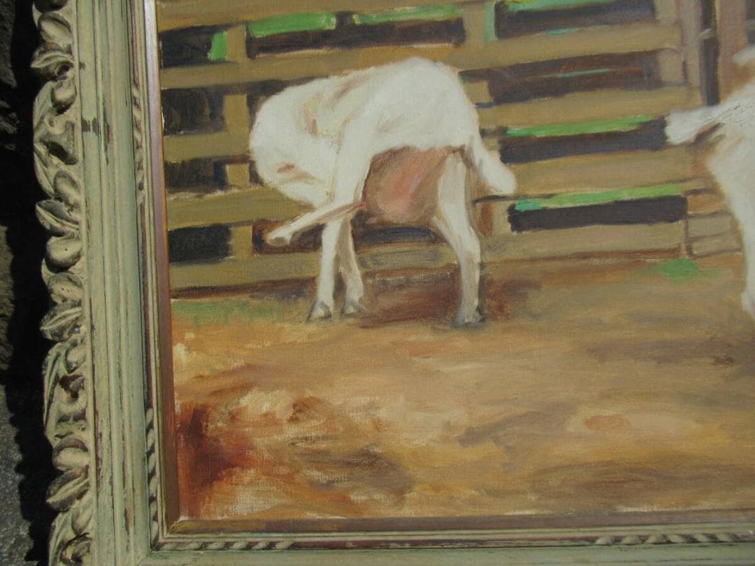 真作保証希少美品1950年代◆日展参与 奈良岡正夫「親仔(山羊)」大作油彩25号