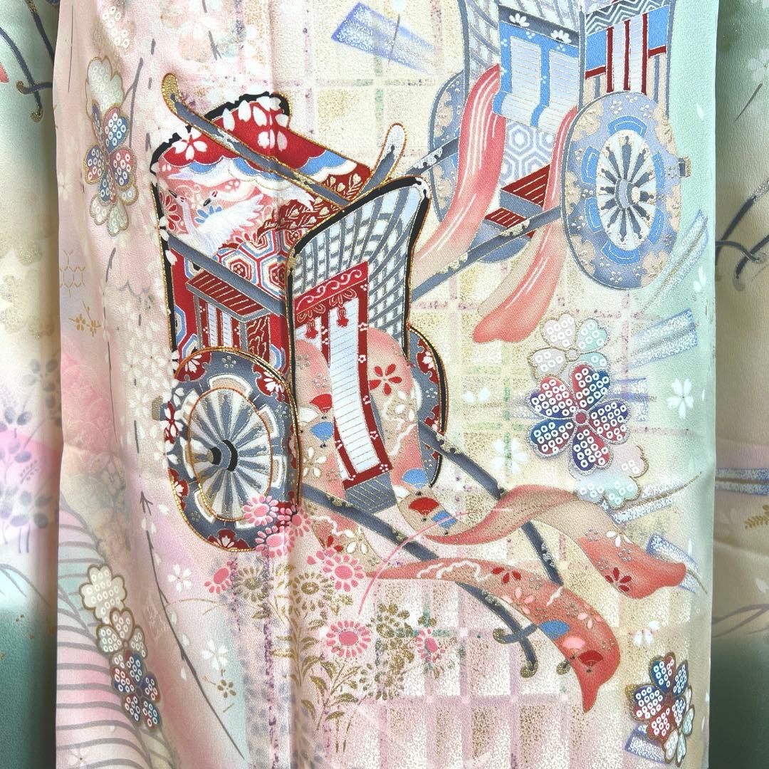 457 振袖フルセット 正絹 緑 グリーン ピンク 桃 金彩 駒刺繍 暈し染め