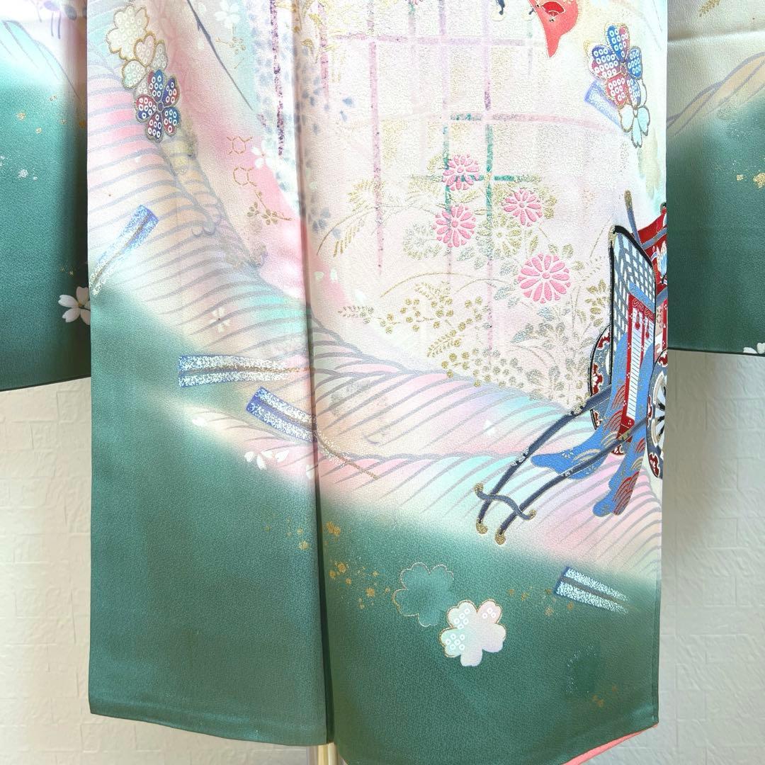 457 振袖フルセット 正絹 緑 グリーン ピンク 桃 金彩 駒刺繍 暈し染め