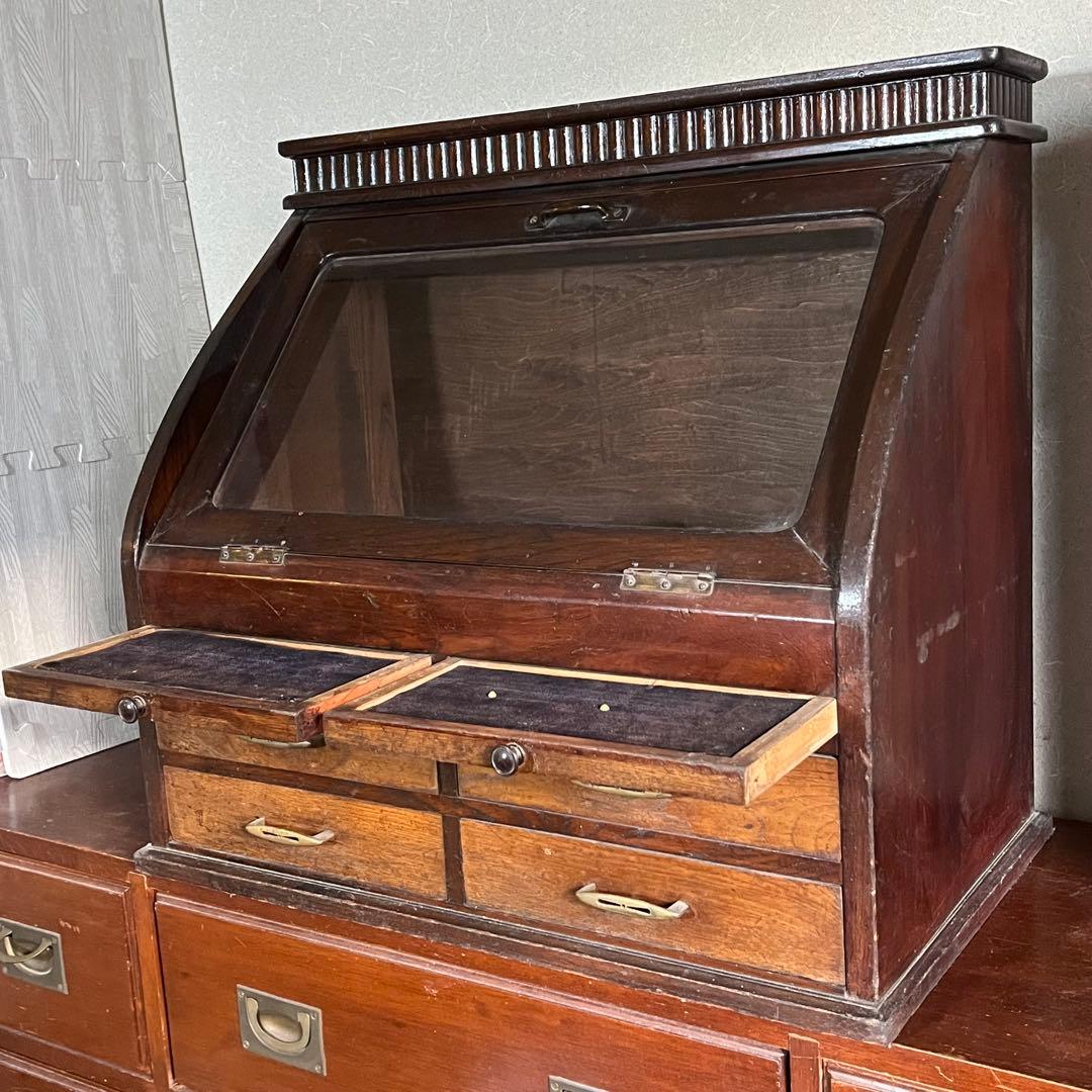 アンティーク ガラス扉 木製 飾り棚 眼鏡屋 ショーケース 骨董 キャビネット