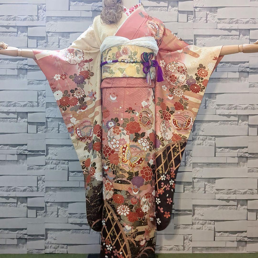 振袖セット 振袖フルセット 駒刺繍 雪輪花蝶文 金彩 ピンク系×クリーム 50