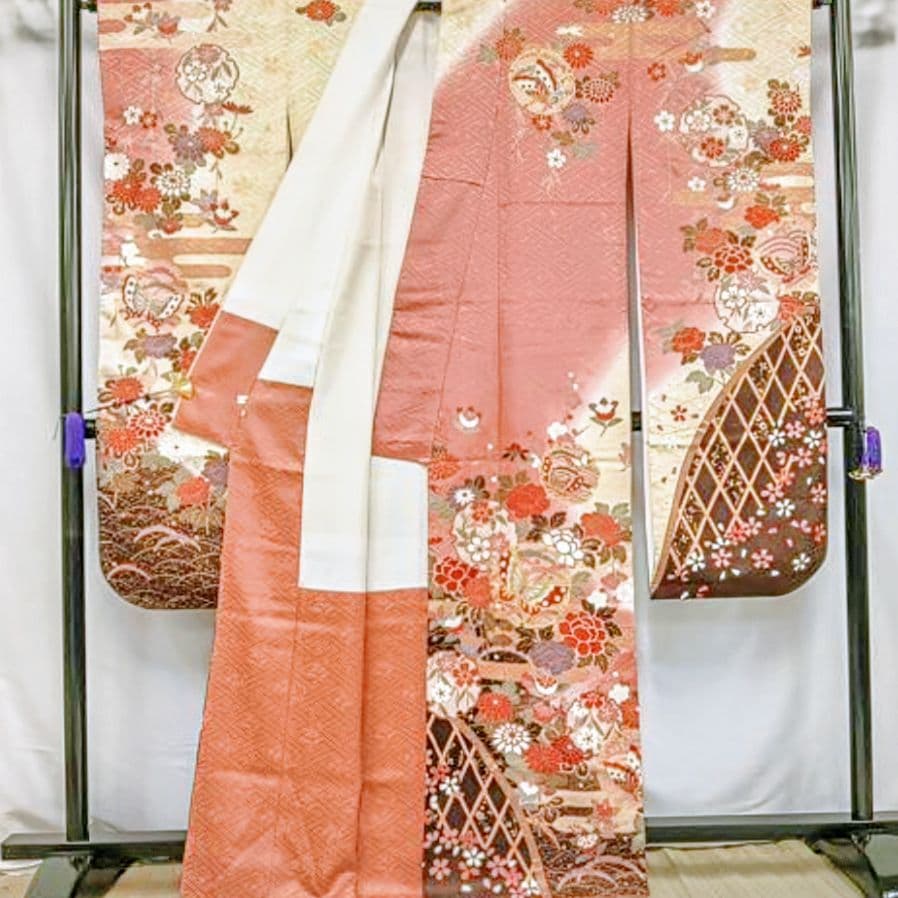 振袖セット 振袖フルセット 駒刺繍 雪輪花蝶文 金彩 ピンク系×クリーム 50